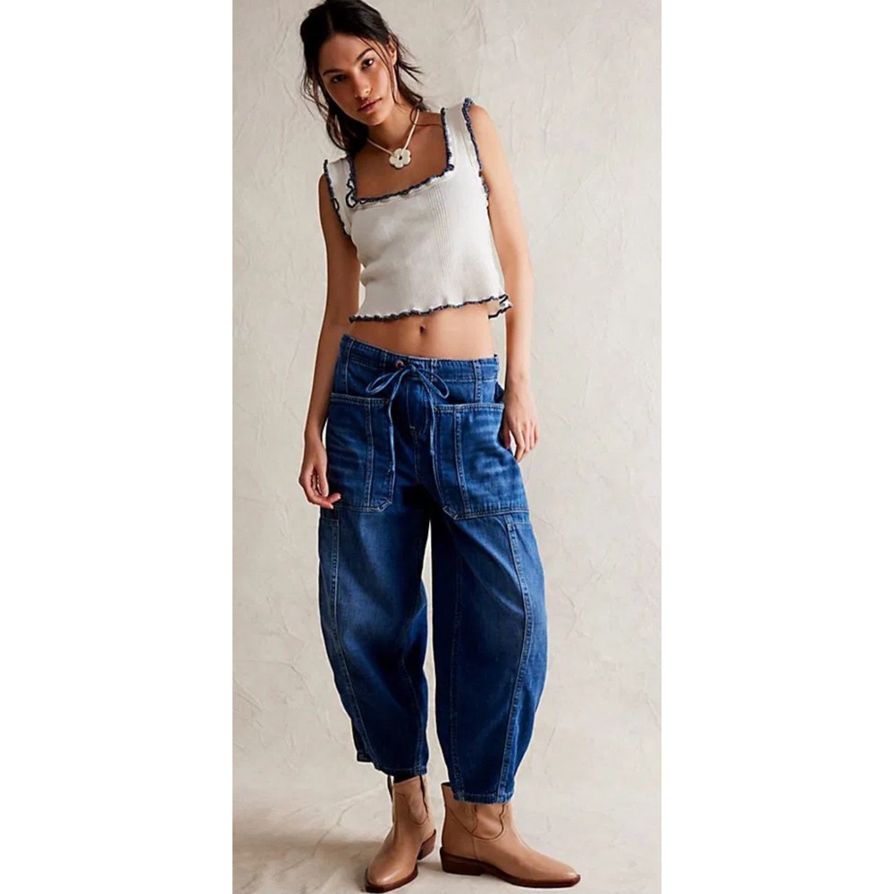 We The Free Free People Silverton Puddle Barrel Jeans Medium Wash Blue Baggy M